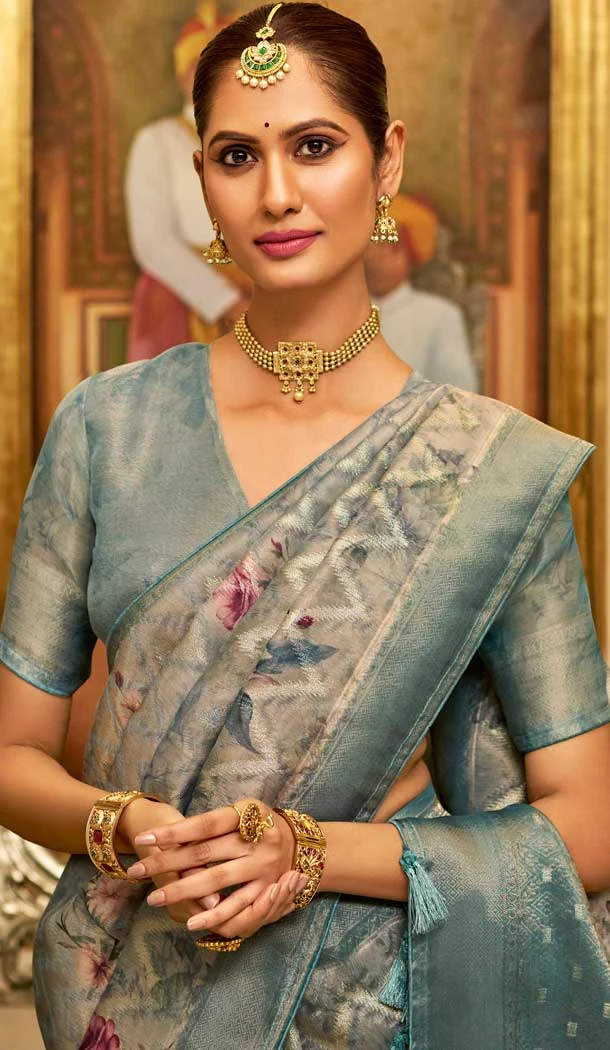 Sky Blue Color Organza Silk Digital Print Work Designer Party Wear Saree - 9854190004