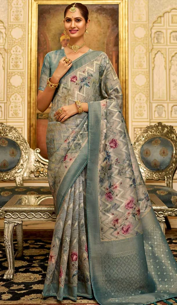 Sky Blue Color Organza Silk Digital Print Work Designer Party Wear Saree - 9854190004