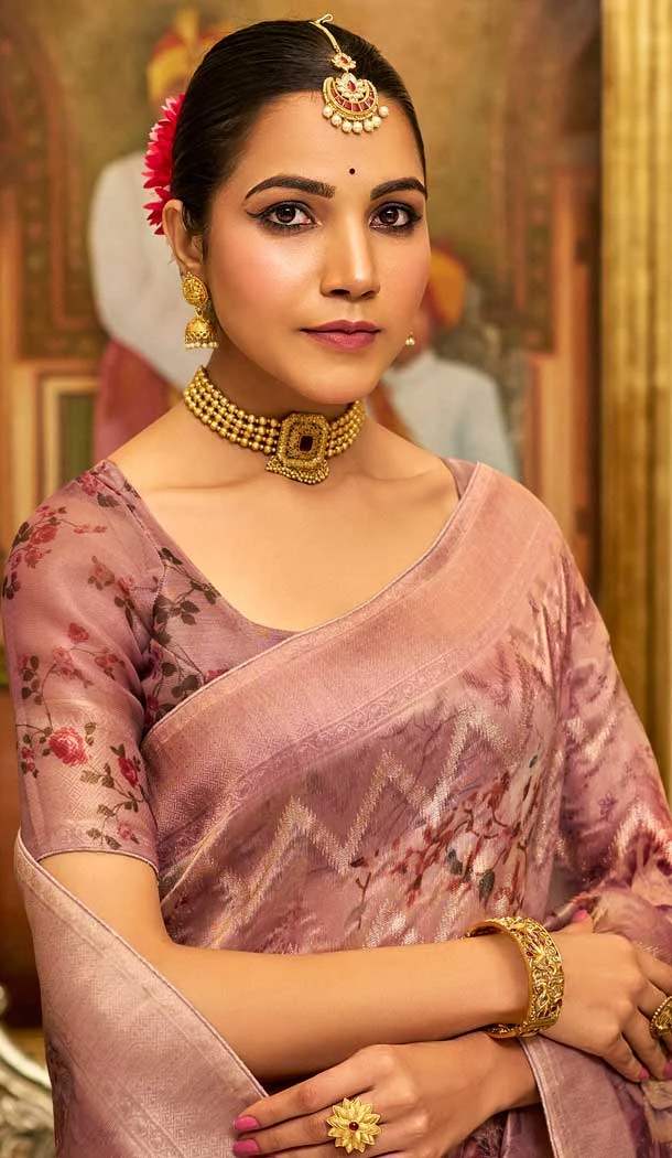 Baby Pink Organza Silk Digital Print Work Designer Party Wear Saree - 9854190005
