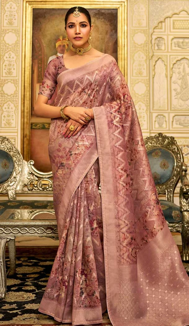 Baby Pink Organza Silk Digital Print Work Designer Party Wear Saree - 9854190005