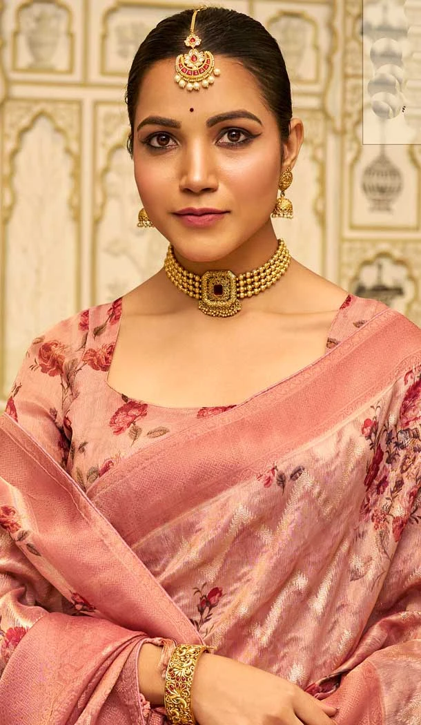 Pink Organza Silk Digital Print Work Designer Party Wear Saree - 9854190008