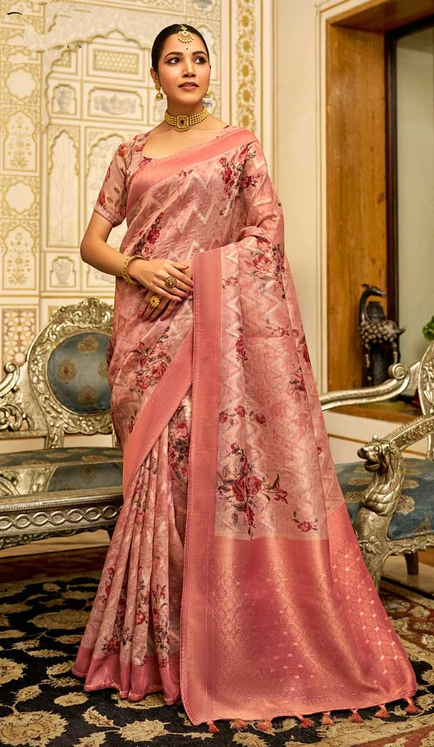 Pink Organza Silk Digital Print Work Designer Party Wear Saree - 9854190008