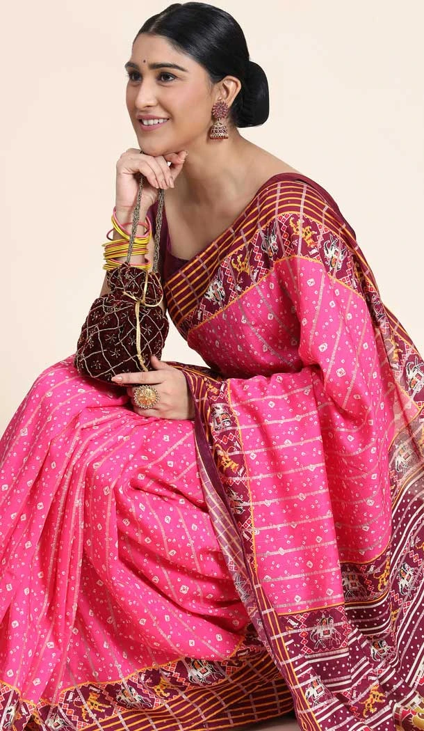Pink Cotton Digital Print Work Designer Party Wear Saree - 9862190101