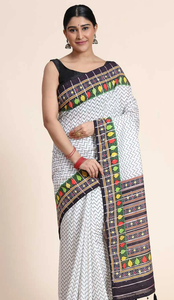 White Cotton Digital Print Work Designer Party Wear Saree - 9862190104