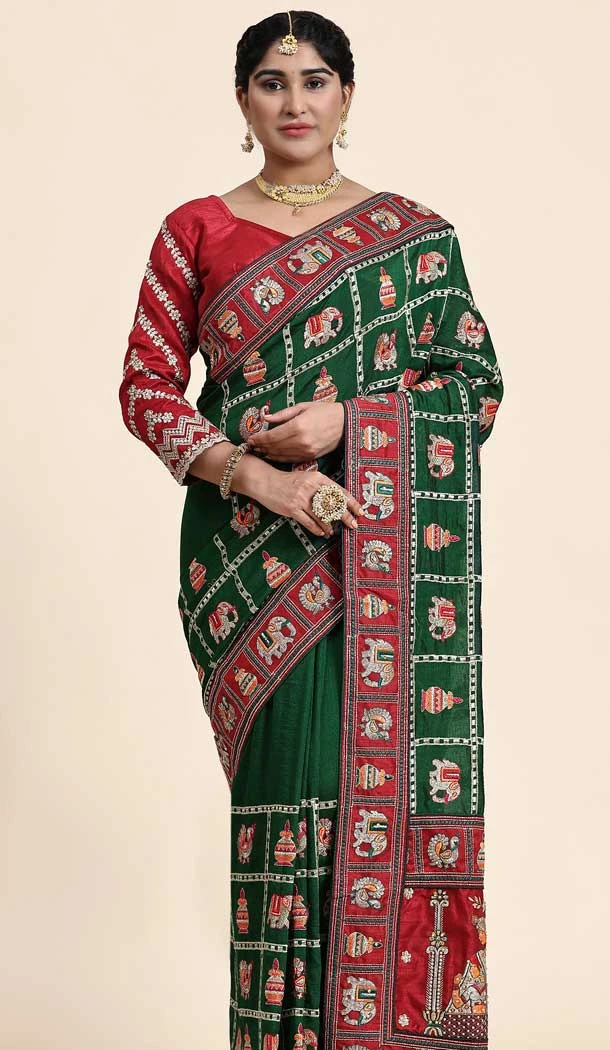 Green Vichitra Silk Embroidered Designer Wear Saree - 9864190909