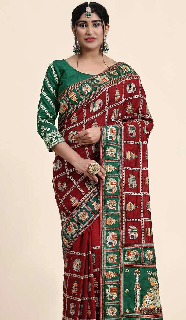 Maroon Vichitra Silk Embroidered Designer Wear Saree - 9864190910