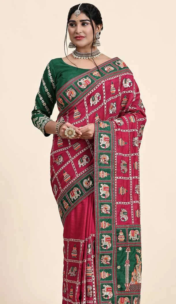 Pink Vichitra Silk Embroidered Designer Wear Saree - 9864190913