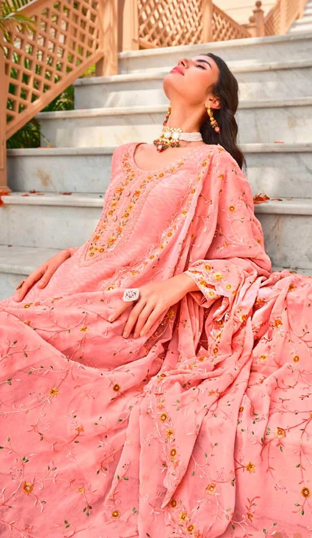 Georgette Embroidered Party Wear Salwar Suit In Baby Pink - 9891191067