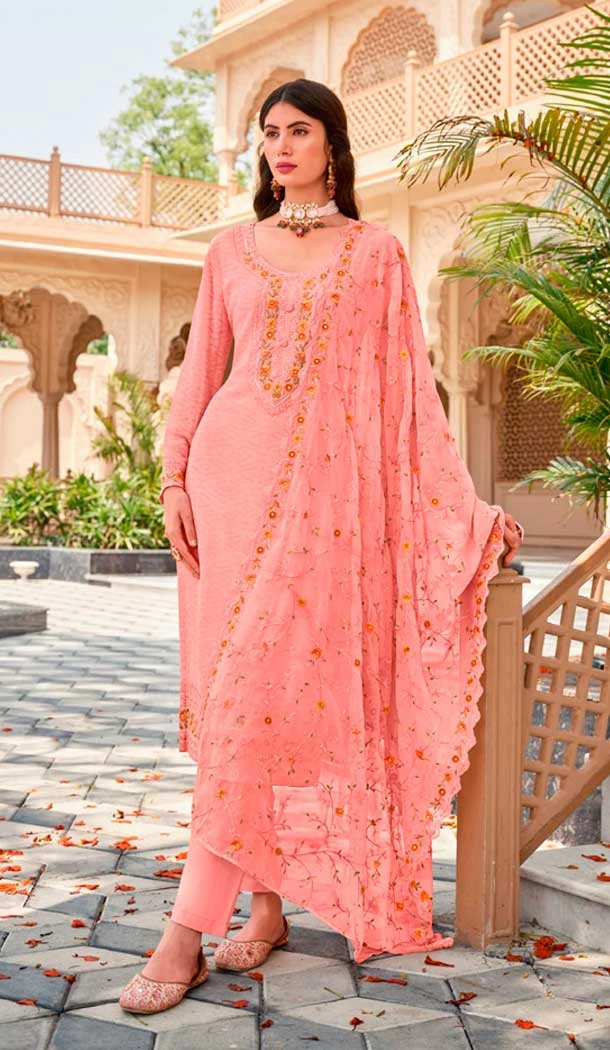 Georgette Embroidered Party Wear Salwar Suit In Baby Pink - 9891191067