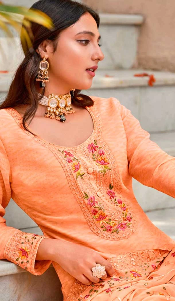 Georgette Embroidered Party Wear Salwar Suit In Peach - 9891191069