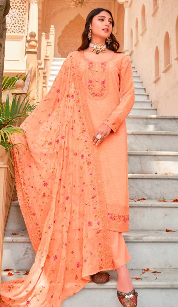 Georgette Embroidered Party Wear Salwar Suit In Peach - 9891191069