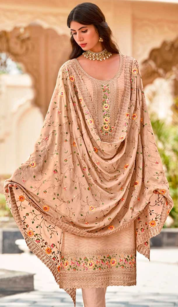 Georgette Embroidered Party Wear Salwar Suit In Beige - 9891191070