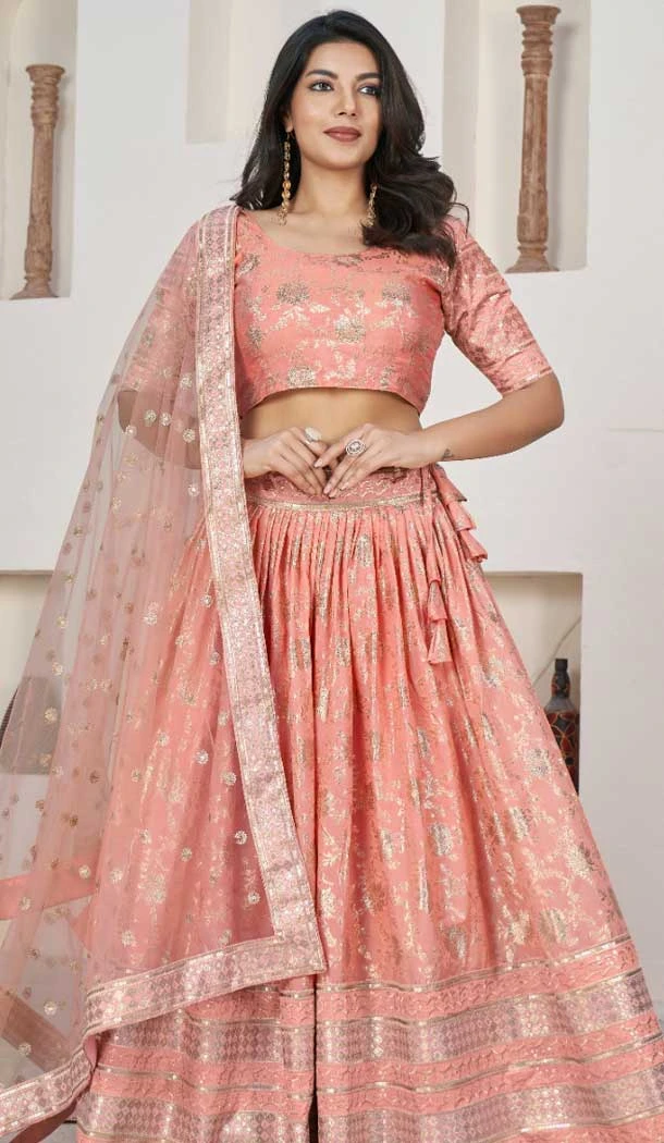 Jacquard Embroidery Work Designer Wear Lehenga Choli In Peach - 9892191074