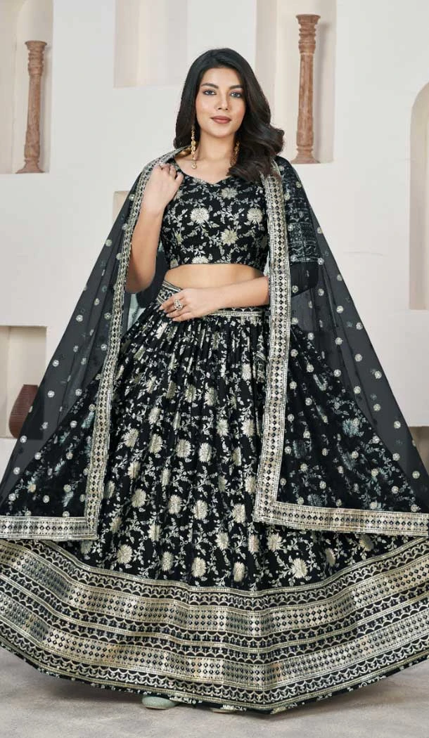 Jacquard Embroidery Work Designer Wear Lehenga Choli In Black - 9892191075