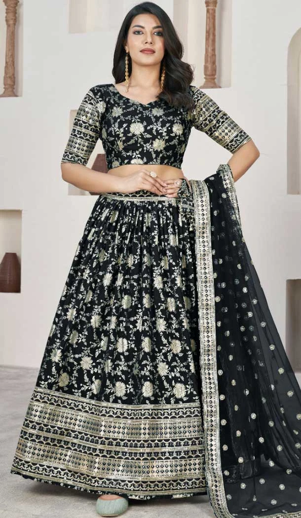 Jacquard Embroidery Work Designer Wear Lehenga Choli In Black - 9892191075
