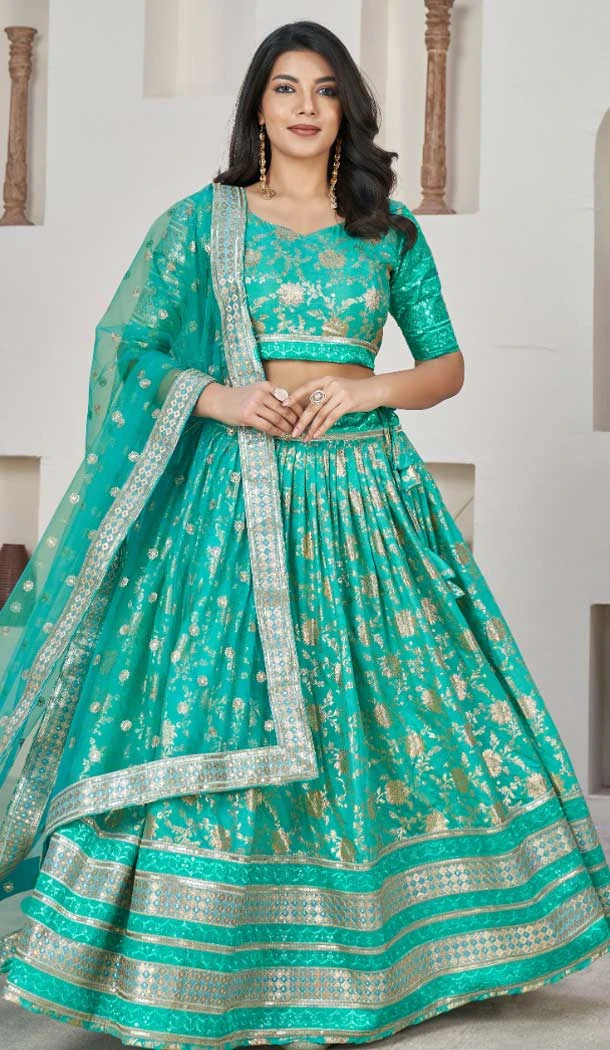Jacquard Embroidery Work Designer Wear Lehenga Choli In Sea Green - 9892191076