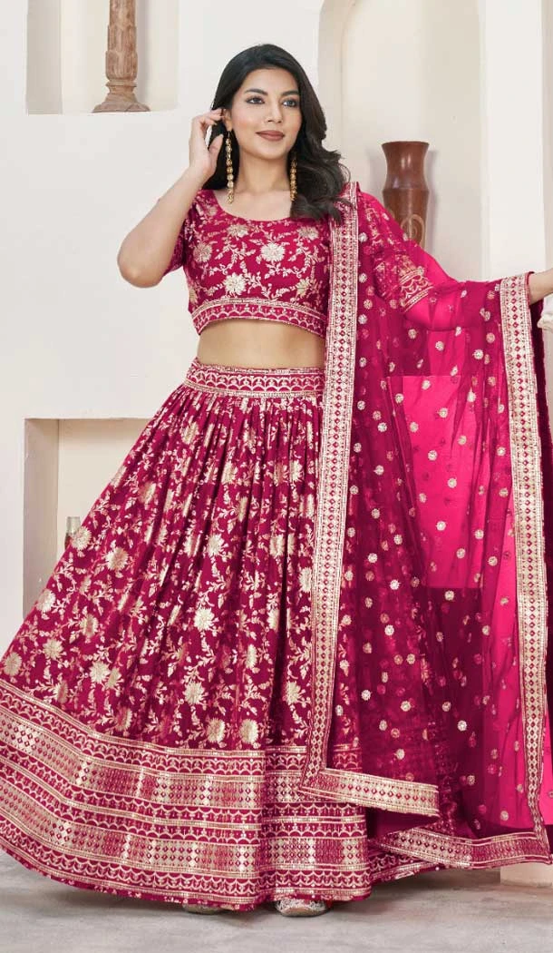 Jacquard Embroidery Work Designer Wear Lehenga Choli In Rani - 9892191077