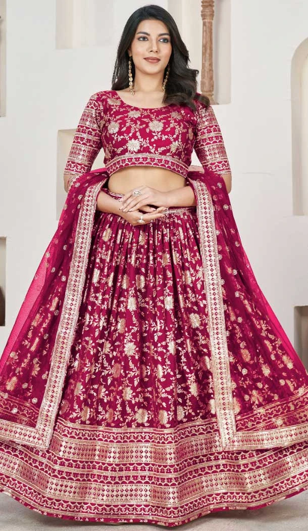 Jacquard Embroidery Work Designer Wear Lehenga Choli In Rani - 9892191077