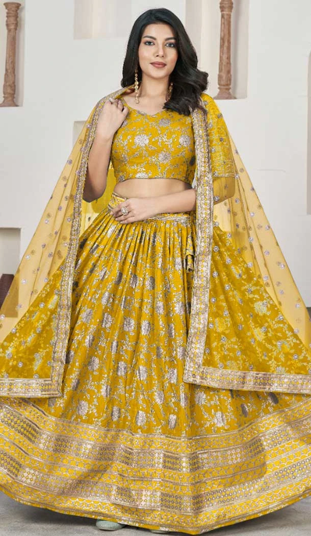 Jacquard Embroidery Work Designer Wear Lehenga Choli In Yellow - 9892191078