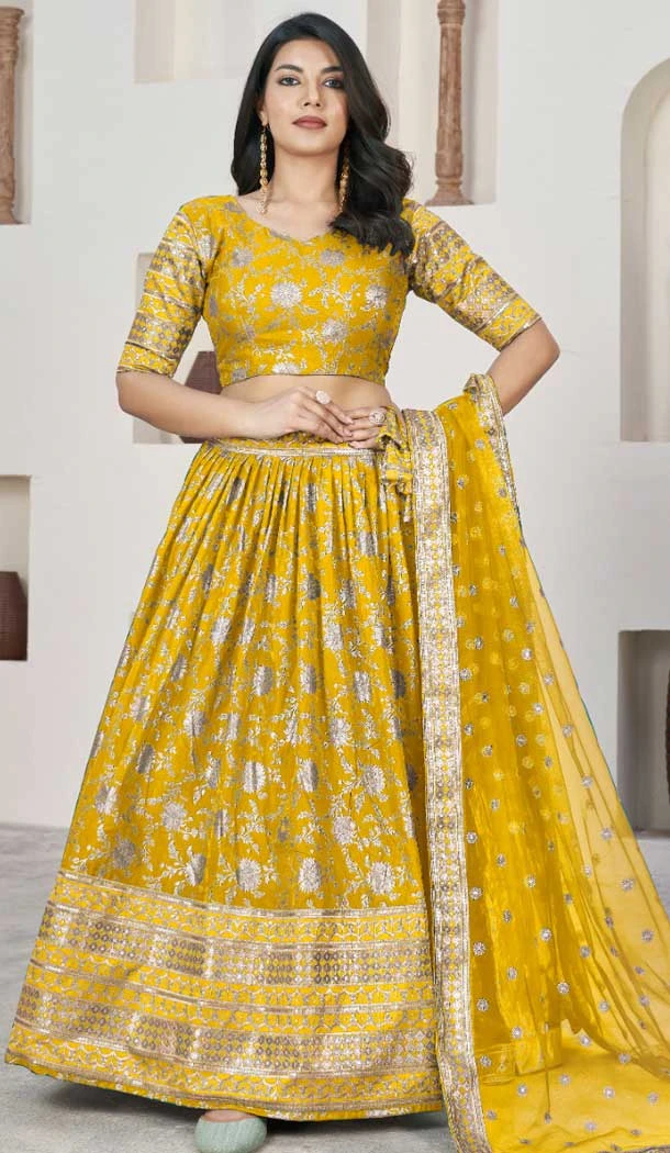 Jacquard Embroidery Work Designer Wear Lehenga Choli In Yellow - 9892191078