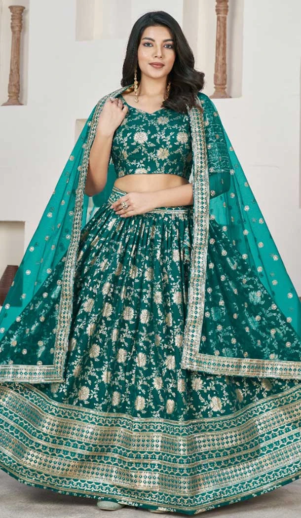 Jacquard Embroidery Work Designer Wear Lehenga Choli In Rama - 9892191080