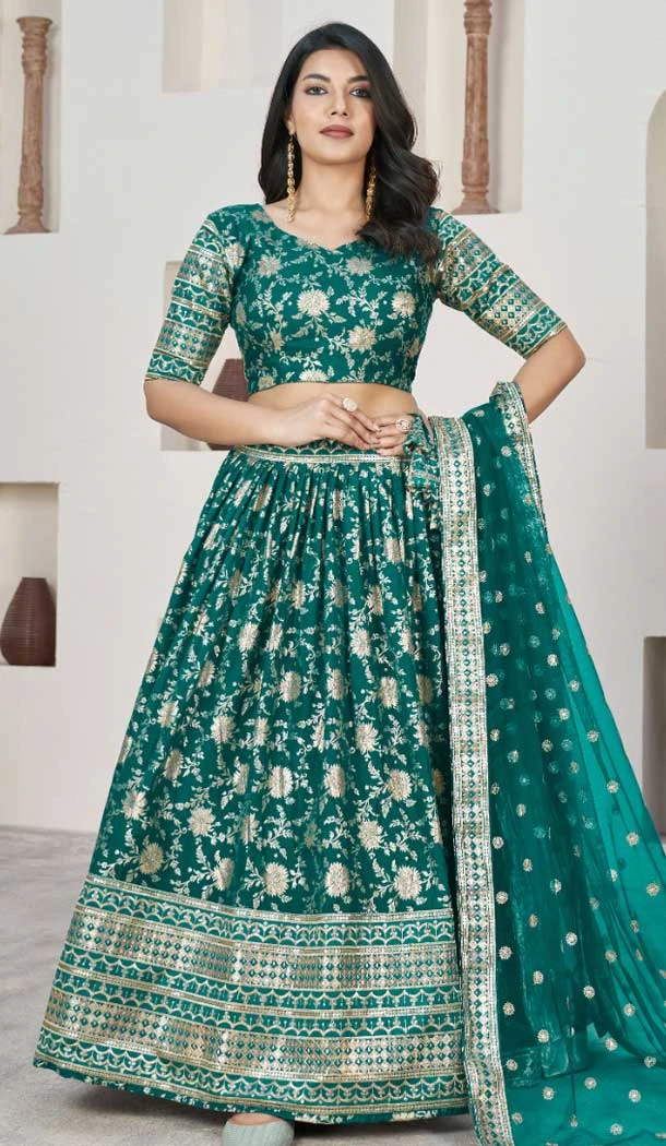Jacquard Embroidery Work Designer Wear Lehenga Choli In Rama - 9892191080