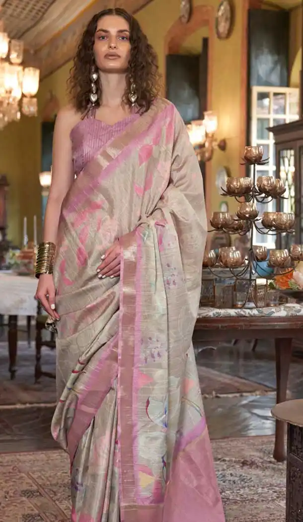 Banarasi Silk Printed Party Wear Saree In Light Grey And Pink - 9896191114