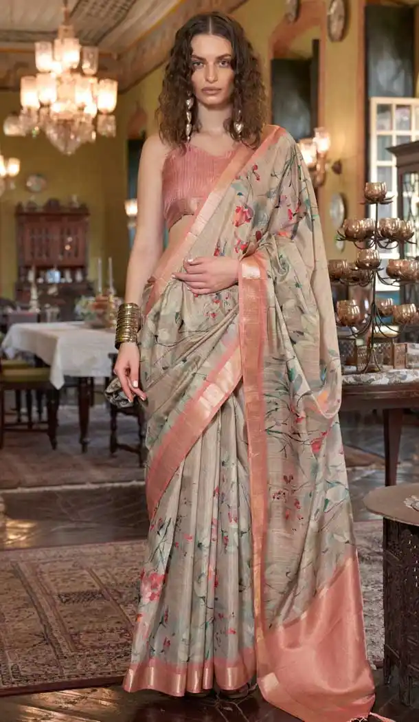 Banarasi Silk Printed Party Wear Saree In Beige And Peach - 9896191116
