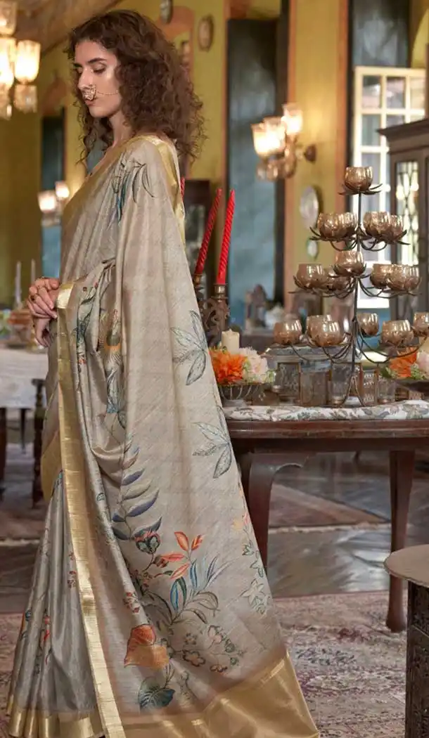 Banarasi Silk Printed Party Wear Saree In Grey - 9896191117