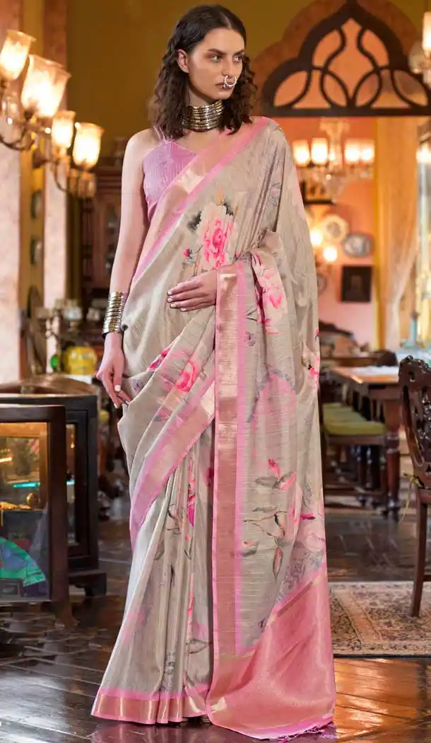 Light Grey And Pink Banarasi Silk Printed Party Wear Saree - 9896191118