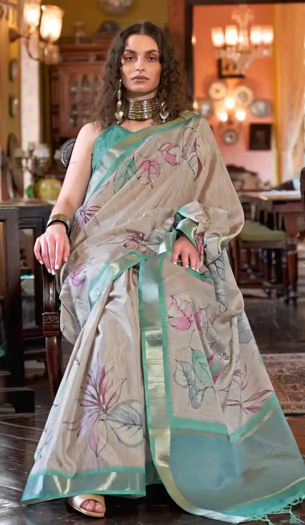 Banarasi Silk Printed Party Wear Saree In Grey And Sky Blue - 9896191122