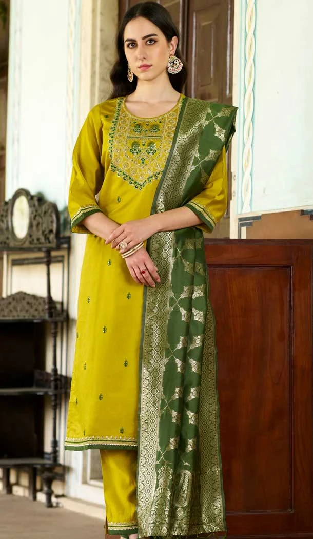 Rayon Resham Work Party Wear Readymade Salwar Suit In Yellow - 9776189452