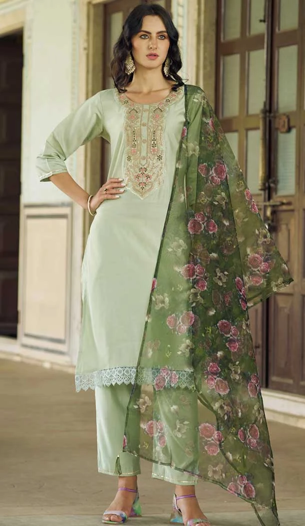 Rayon Resham Work Party Wear Readymade Salwar Suit In Olive Green - 9776189453