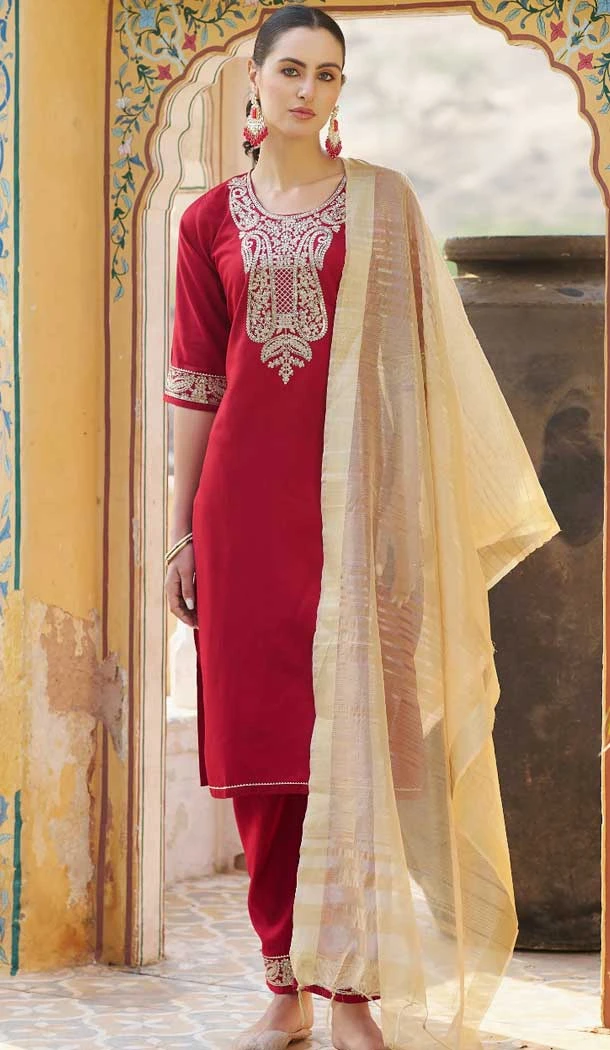 Rayon Zari Work Party Wear Readymade Salwar Suit In Red - 9776189454