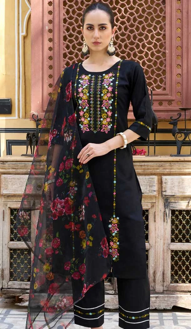Rayon Resham Work Party Wear Readymade Salwar Suit In Black - 9776189455