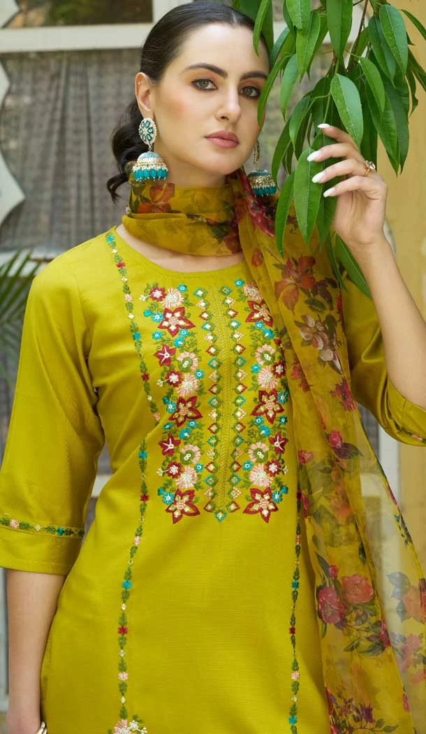 Rayon Resham Work Party Wear Readymade Salwar Suit In Yellow - 9776189456