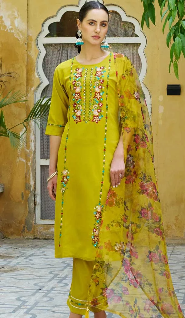 Rayon Resham Work Party Wear Readymade Salwar Suit In Yellow - 9776189456