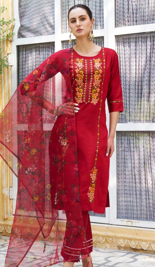 Rayon Sequins Work Party Wear Readymade Salwar Suit In Red - 9776189457