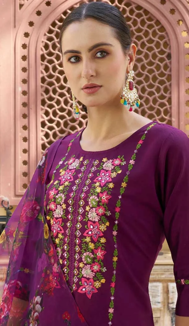 Rayon Resham Work Party Wear Readymade Salwar Suit In Purple - 9776189459