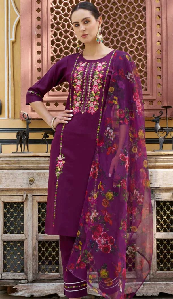Rayon Resham Work Party Wear Readymade Salwar Suit In Purple - 9776189459