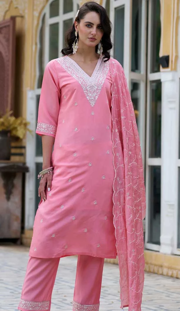 Silk Embroidered Party Wear Readymade Salwar Suit In Pink - 9777189460
