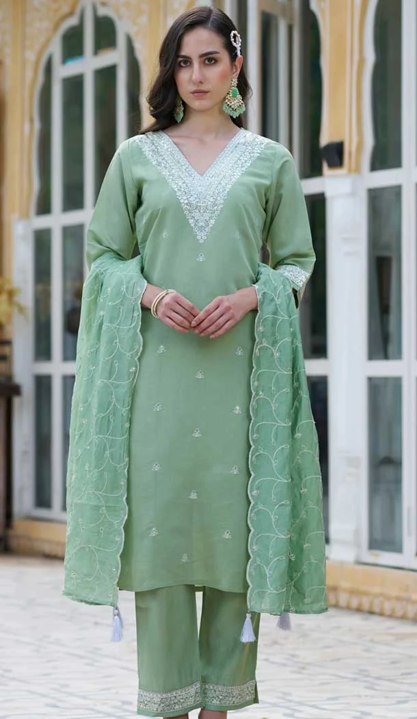 Silk Embroidered Party Wear Readymade Salwar Suit In Olive Green - 9777189461