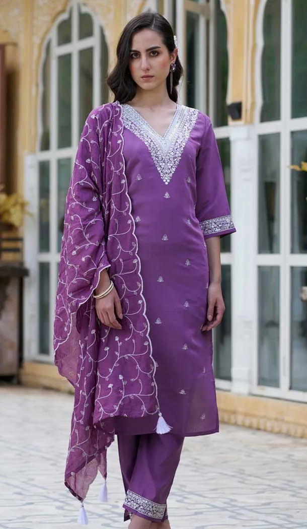 Silk Embroidered Party Wear Readymade Salwar Suit In Purple - 9777189462
