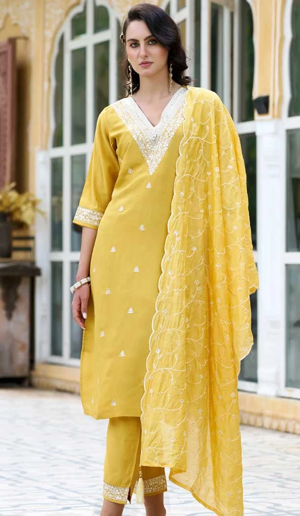 Silk Embroidered Party Wear Readymade Salwar Suit In Yellow - 9777189463