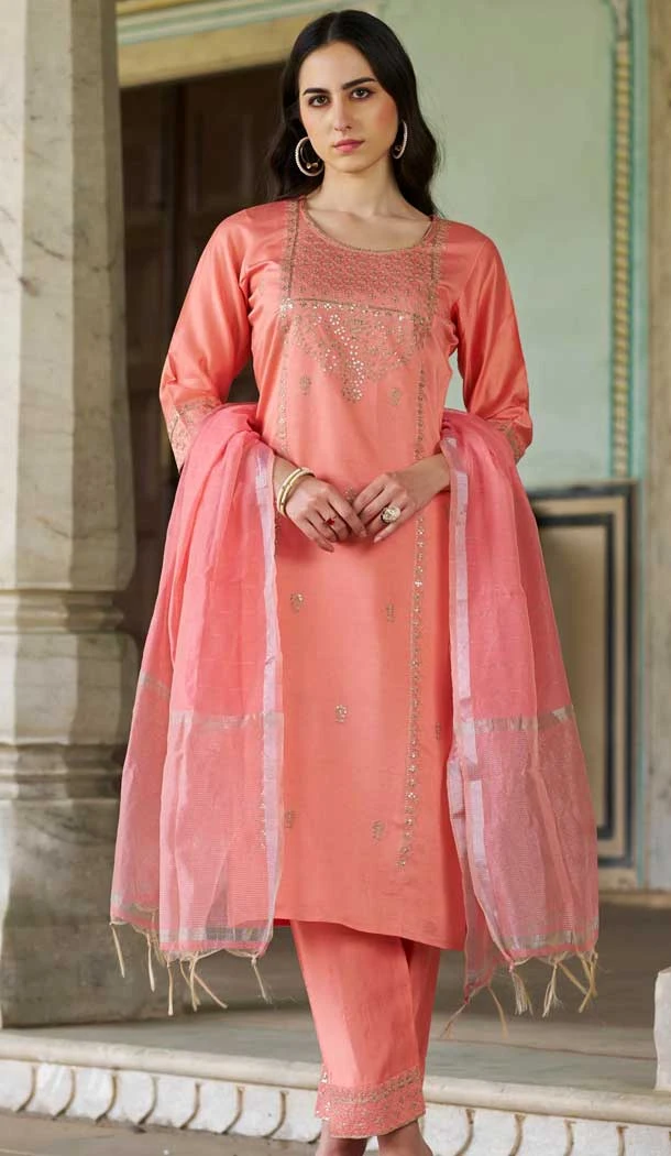 Rayon Embroidered Party Wear Readymade Salwar Suit In Peach - 9777189467