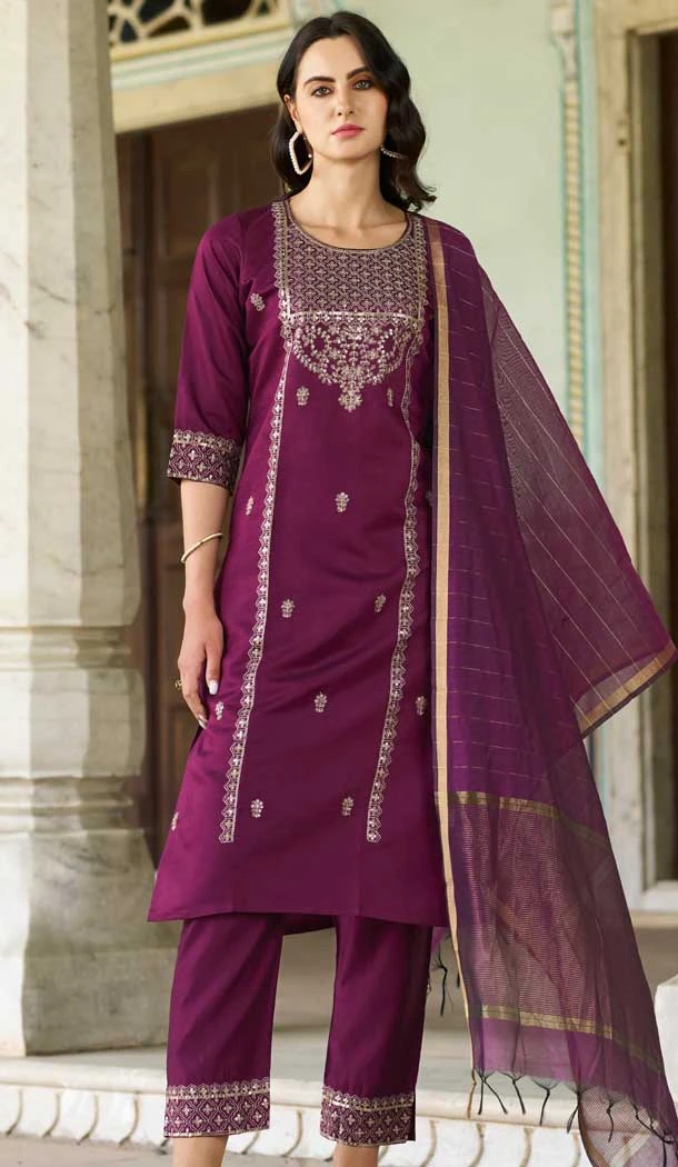 Rayon Embroidered Party Wear Readymade Salwar Suit In Purple - 9777189468