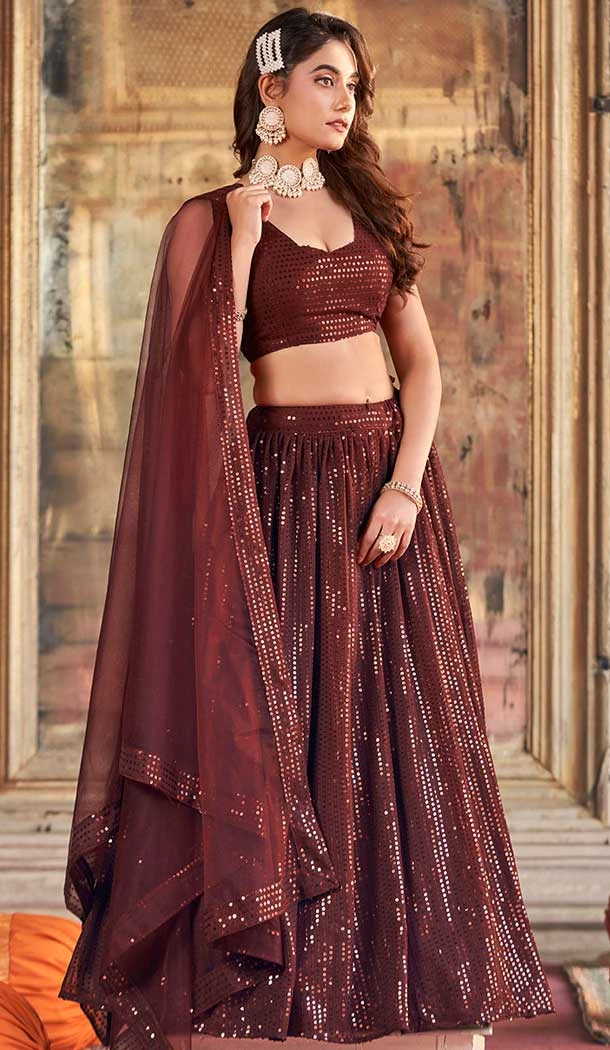 Brown Georgette Sequence Work Party Wear Lehenga Choli - 9817189768