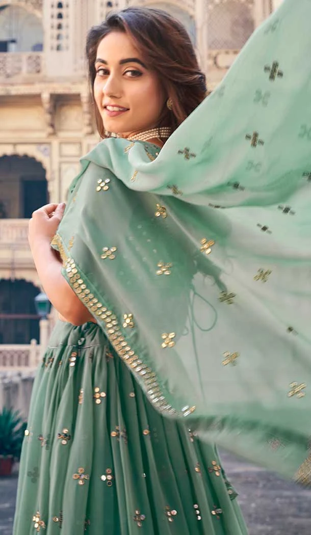 Sea Green Georgette Sequence Work Party Wear Lehenga Choli - 9818189771