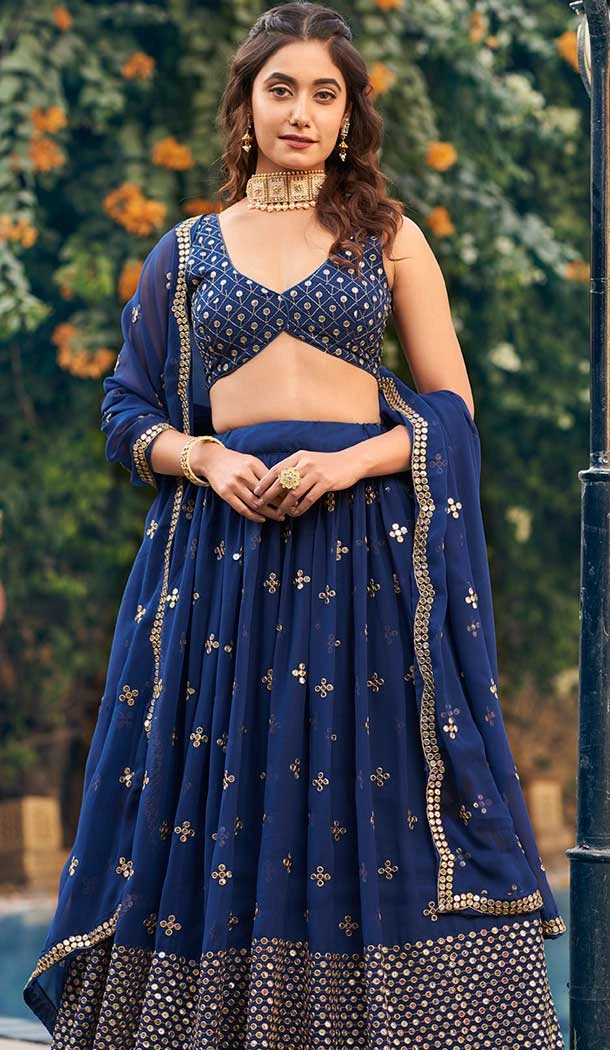 Blue Georgette Sequence Work Party Wear Lehenga Choli - 9818189772