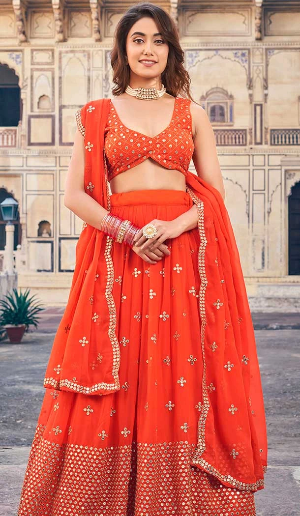 Orange Georgette Sequence Work Party Wear Lehenga Choli - 9818189773